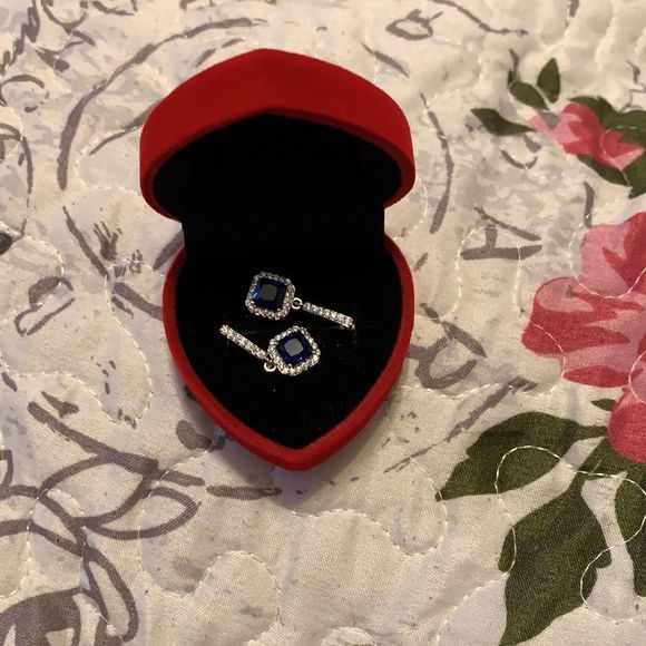 White Gold Blue Gem Square Drop Earrings - Picture 4 of 8